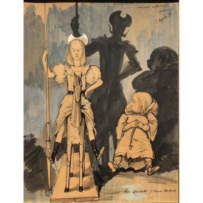 Nineteenth French School, Causon ?, Don Quixote And Dom Modeste, Drawing Watercolor Illustration
