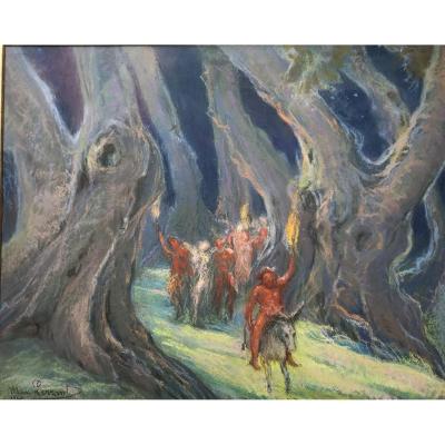 Max Lerrant (1875-1955), Bacchanale Aux Torambeaux, Pastel, 1940