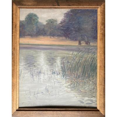 François Moreau (born In Fouchambault), Landscape With Trees At The Edge Of The Pond, Oil, Symbolism