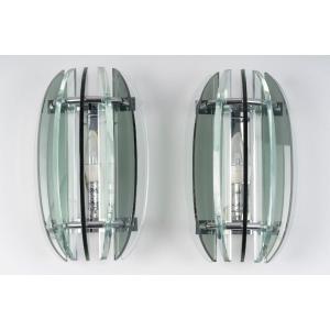 Set Of Vintage Italian Veca Walls Light In Thick Glass And Chrome - 1960s-70s