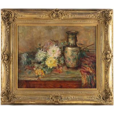 French School End XIXth - Still Life With Chinese Vase And Flower Pier.