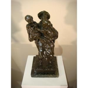 Bronze Sculpture Man And His Children Leonardo Bistolfi