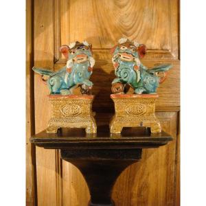 Pair Of Fô Dogs In China Emaille Gres - Period XIX