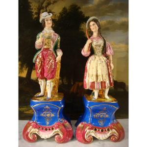 Pair Of Flower Stick Characters In Porcelain Period 19th Century
