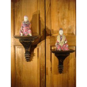 Couple Of Mandarins In Polychrome Porcelain Paris Porcelain