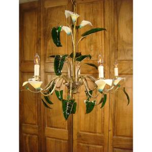 Large Chandelier With Flowered Basket Of Arums Period Late 19th Century