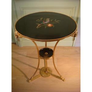 Pedestal Table In Gilt Bronze And Marble Marquetry  