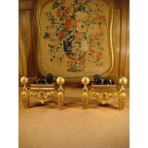 Pair Of Bronze Andirons With Lions Consulate Period