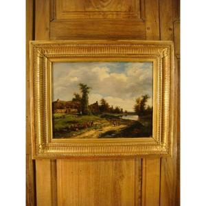Painting Oil On Canvas Riverside Anime Dupré - Mid-19th Century