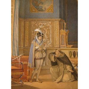 Watercolor Drawing Assassination Of Henri III Charles Aubry - Restoration Period
