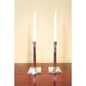 Pair Of Art Deco Style Silver-plated Bronze Candlesticks