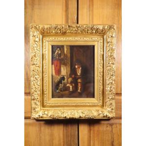 Painting Young Boy And His Dog Emile Aubert Lessore Circa 1850 