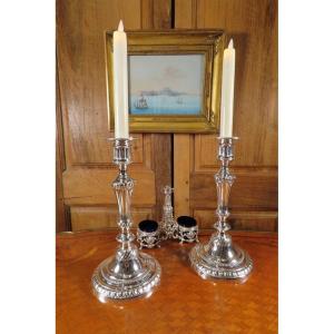 Pair Of Silvered Bronze Candlesticks Louis XVI Style