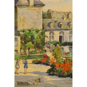 Watercolor Painting The Gardens Of The Hotel De Limur Vannes André Mahuas 20th Century 
