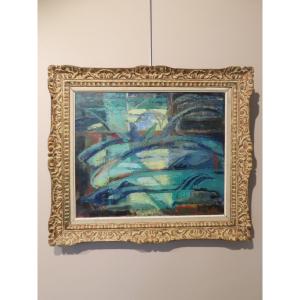 Oil Painting On Canvas Composition Fish Period 1940 - 1950