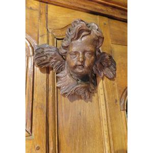 Pair Of Small Carved Wooden Angel Heads. Late 18th Century.