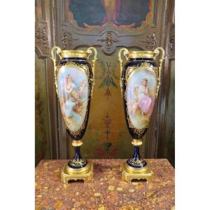 Pair Of Polychrome Porcelain Vases With Gold Highlights, Napoleon III Period 