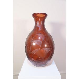 Large Glass Paste Vase With Stylized Flowers, Degué - Art Deco Period 