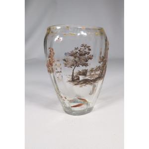 Emile Galle Enameled Transparent Glass Vase Circa 1900 