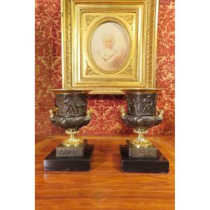 Pair Of Small Bronze Cassolette Vases, Napoleon III Period 