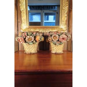 Pair Of Polychrome Wood Flower Baskets, 18th Century 