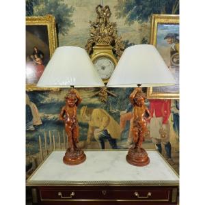Pair Of Carved Wooden Lamps With Cup Decoration Italy Late 19th Century