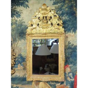 Large Gilded Wooden Mirror With Fronton Regency Period
