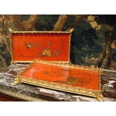 Pair Of Table Top In Lacquer In Gilt Bronze