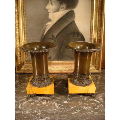 Pair Of Bronze And Marble Cassolette - Restoration Period