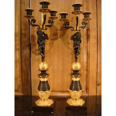 Pair Of Bronze Candelabra With Loves - Restoration Period