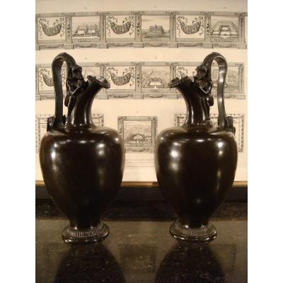 Pair Of Bronze Ewer Vases - Greek Inspiration