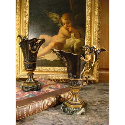 Pair Of Hanaps With Winged Dragons In Bronze - Second Empire Period