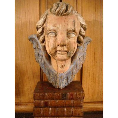 Head Of Love In Polychrome Carved Wood - Eighteenth Time