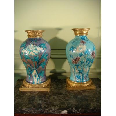 Suite Of Two Enamelled Stoneware And Gilt Bronze Baluster Vases - Ming Period