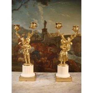 Pair Of Children Candelabras In Gilt Bronze