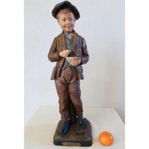 19th Century Terracotta By Joseph Le Guluche, Boy With A Cornet Of Fries, Damaged