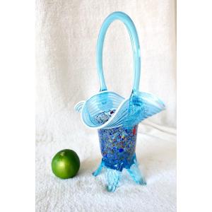 Handled Basket In Multicolored Blown Glass 1950s
