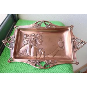 Small Art Nouveau Period Tray In Copper-plated Pewter, Women In The Taste Of Georges Flamand.