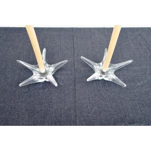 2 Daum France Candlesticks, Large "starfish" Model, Crystal, Circa 1960/70, Very Good Condition