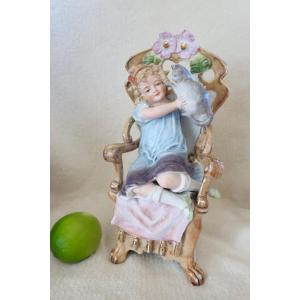 Awf: Little Girl With Cat Polychrome Biscuit 24 Cm Kister Scheibe-alsbach Around 1910, Cherub..