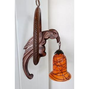 Art Nouveau Parrot Pendant Light, Loetz Tulip