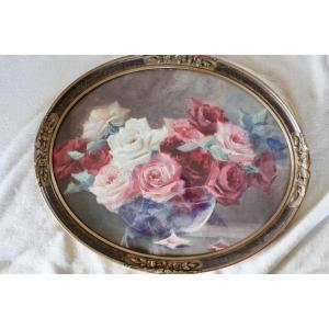 Watercolor Roses Framed Under Glass Dlg By Blanche Odin, Circa 1935