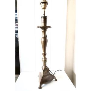Important Candlestick, 18th Century Bronze Torch Mounted On A Lamp Base, H 60 Cm