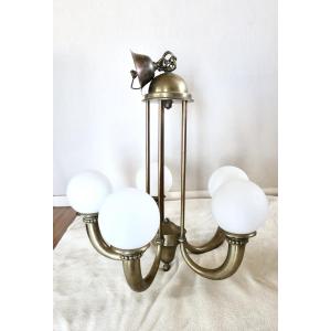 Art Deco Bronze And Opaline Chandelier Dlg Jean Pascaud, To Be Checked.