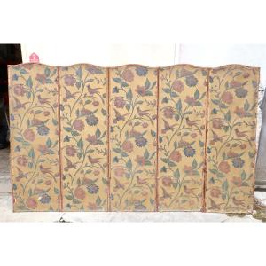 Desfossé & Karth, 19th Century Screen, 5 Double-sided Panels, Embossed Wallpaper "cordoba Leather".