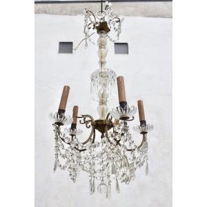 Bronze Chandelier With Crystal Tassels Circa 1950 With 5 Lights H = 81 Cm