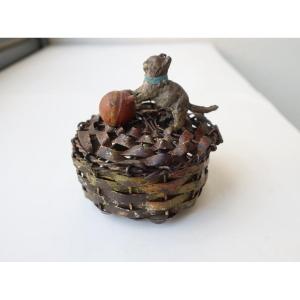 Basket Box With Playing Kitten, Vienna Or Nuremberg Lead, Circa 1900