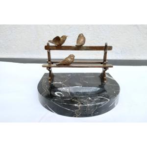 Art Deco Trinket Tray "sparrows On A Parisian Bench", Bronze And Portoro Marble Circa 1930