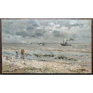 Jean Rigaud - Oil On Canvas - The Beach Of Honfleur Normandy Seaside - Painting