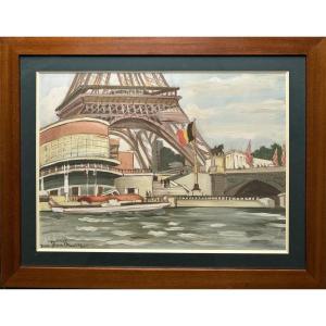 Dorville Jean - Gouache - Universal Exhibition Paris 1937, Belgian Pavilion And Eiffel Tower